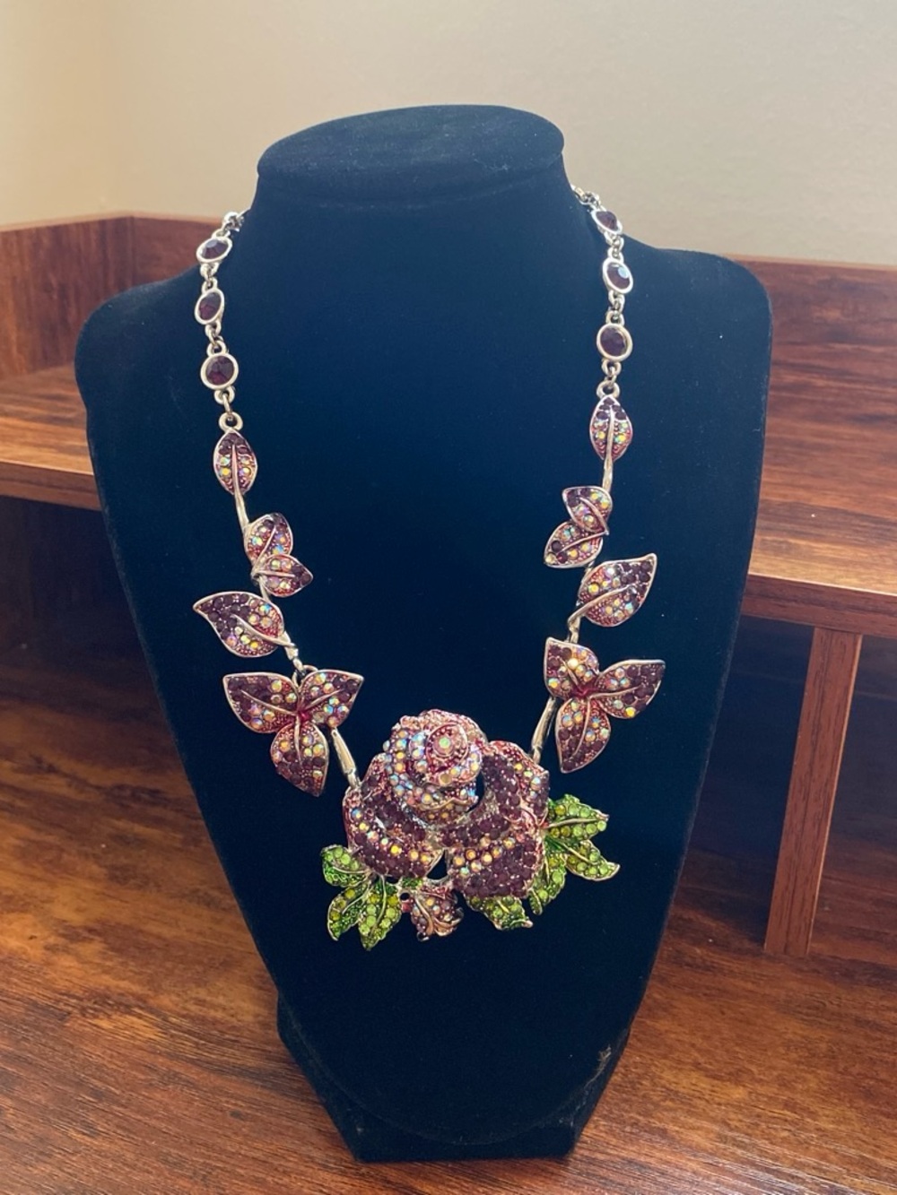 Purple and green crystal Floral Statement Necklace - Unbranded